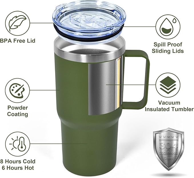20 oz Tumbler with Handle, insulated cup coffee mug with lid, straw and handle, Double Wall Stainless Steel Vacuum Coffee Tumbler travel mug spill proof, 1pcs Army Green