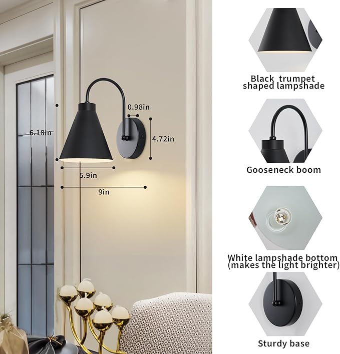 Powfloven Vintage Cordless Gooseneck Battery Operated Wall Sconces Set of 2 - Image 2
