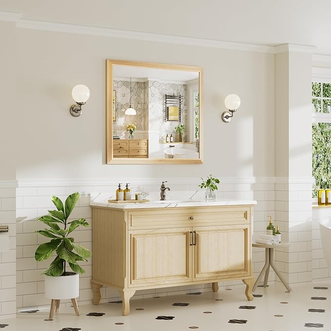 40x36 Inch Bathroom Mirror for Wall, Anti-Rust Oak Wood Grain Metal Framed - Image 3