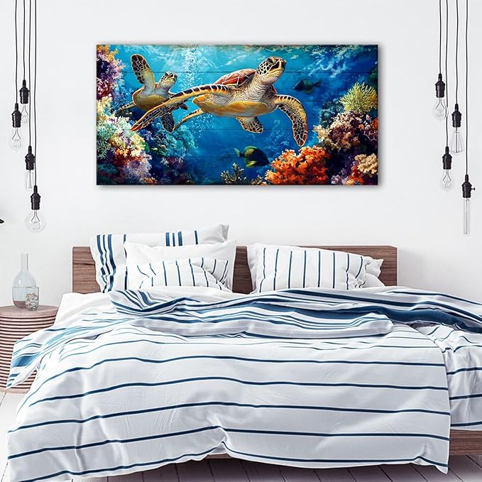 Sea Turtle Wall Art for Living Room Ocean Bathroom Decor Colorful Fish Coral - Image 3