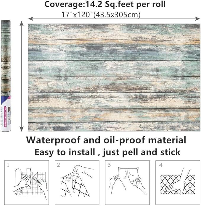 Arthome 17''x120'' Blue Rustic Wood Paper Self-Adhesive Removable Peel and - Image 7