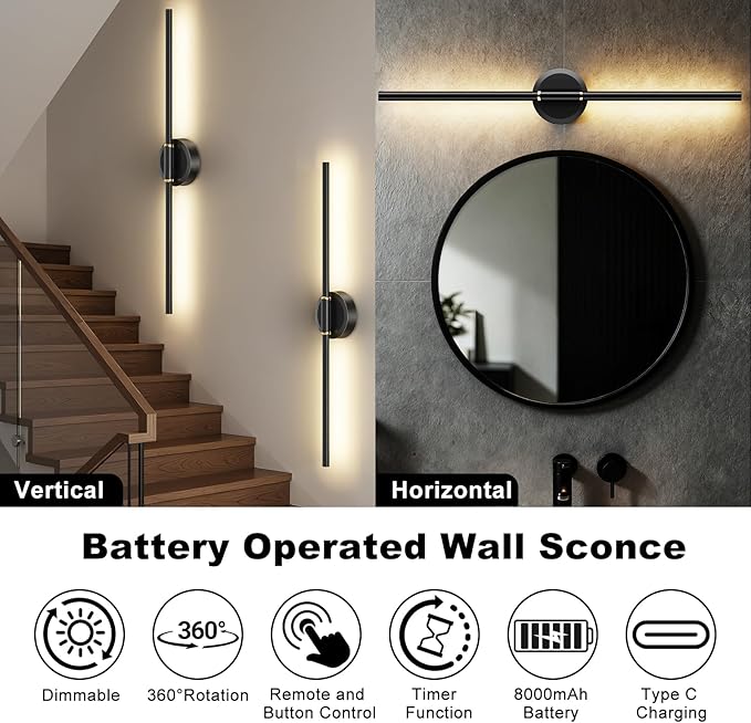 Battery Operated Wall Sconces Set of 2, Dimmable 8000mAh Rechargeable Wall - Image 2