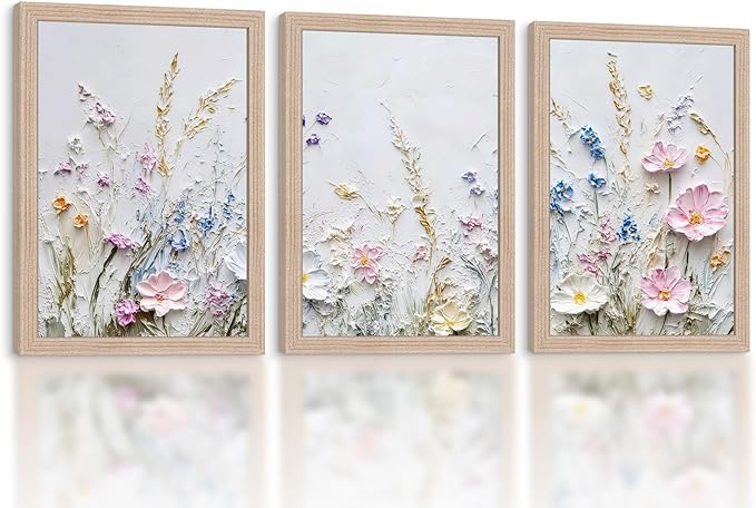 Framed 3D Texture Floral Canvas Wall Art Relief Textured Floral Oil Painting by NCYEL
