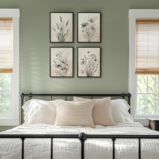 Framed Boho Vintage Botanical Wall Art, 4 Piece Black and White Floral Canvas - Image 9