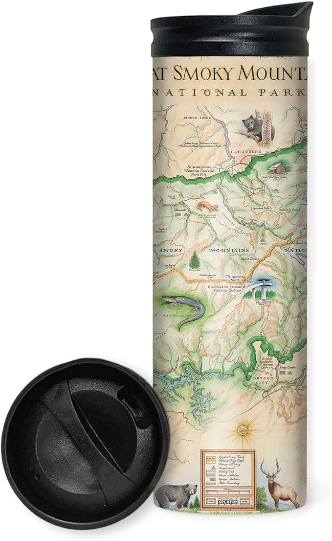 Xplorer Maps Great Smoky Mountains National Park Map 16 Oz Travel Drinkware with Spill-Resistant Lid - Stainless Steel Vacuum Insulated Coffee Tumbler