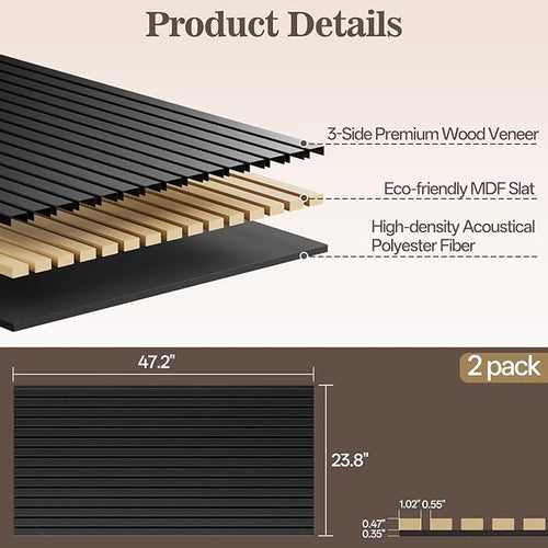 2 Pack Wood Panels for Wall, 47.24" x 23.81" Acoustic Wood Slat Wall Panel for - Image 2