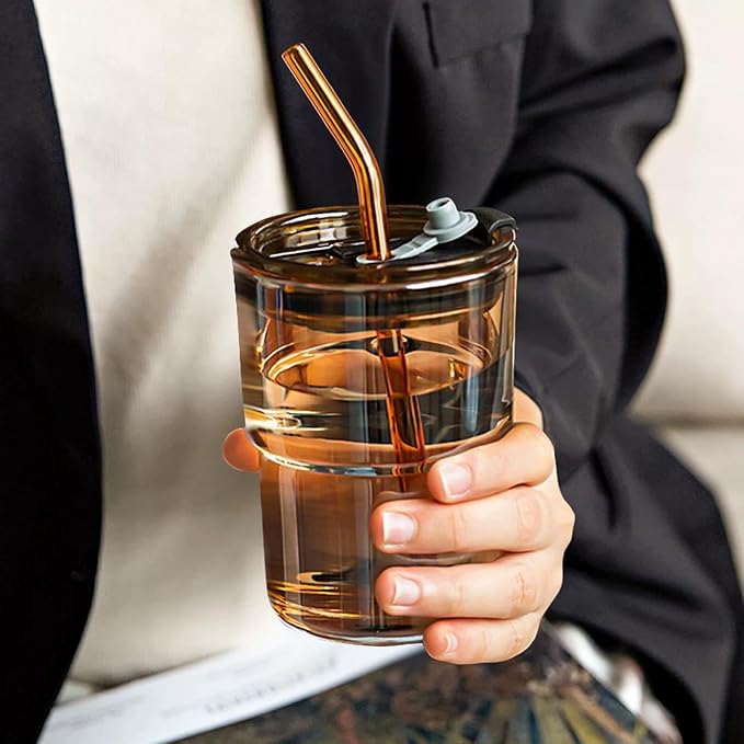13oz Glass Coffee Tumbler with Straw and Lid, Reusable Iced Coffee Cups, Matcha Smoothies Cup, Thick Wall Seal Drinking Glassware Water Cups,Suit for Car Cup Holder (Amber-2pack)