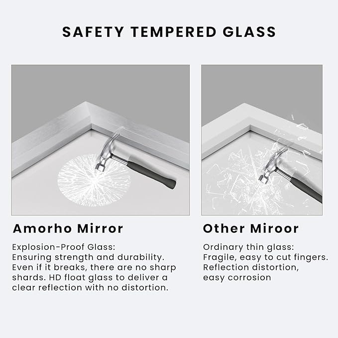 Amorho Bathroom Mirror, 55x32 Inch Silver Thick Metal Framed Wall Mirrors - Image 3