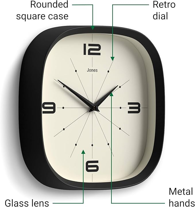 JONES CLOCKS® Pulsar wall Clock | Square Rounded Retro Clock | 10 inch | Black - Image 6