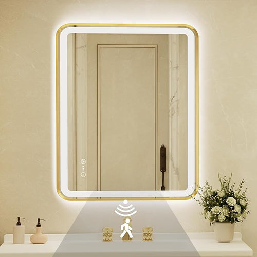 32x40 Inch Gold Framed LED Bathroom Mirror by Unknown
