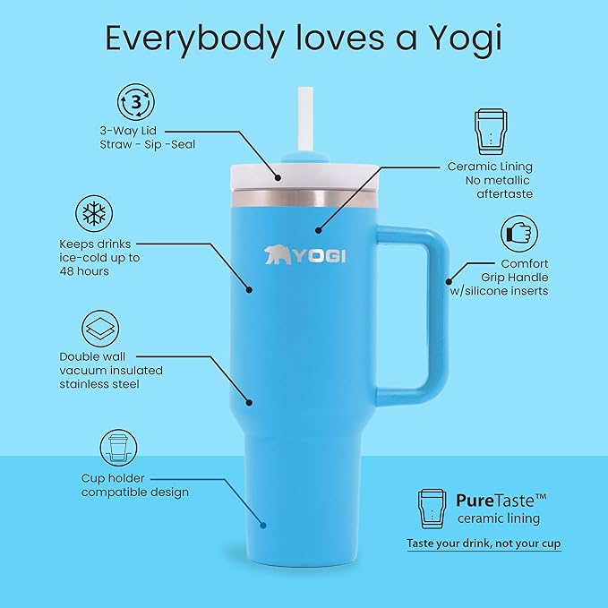 YOGI Ceramic Lined Tumbler with Handle and Straw Lid, Stainless Steel Travel Mug & Water Tumbler, Vacuum Sealed Cup with Handle - 30oz Mystic Slate