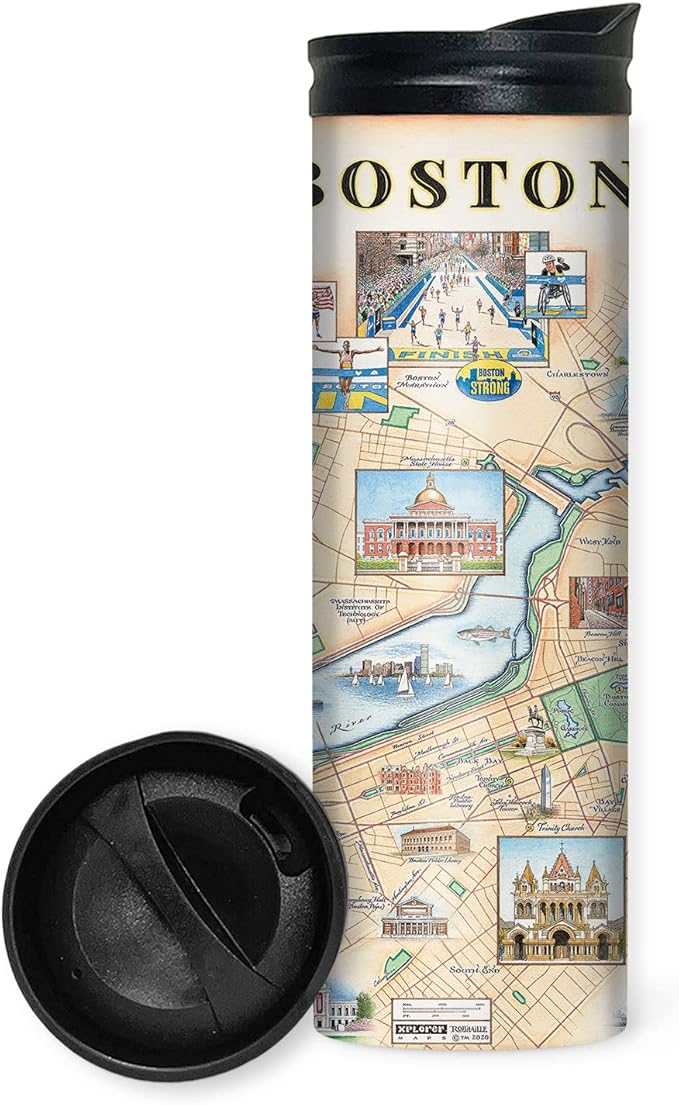 Xplorer Maps Boston Map 16 Oz Travel Drinkware with Spill-Resistant Lid - Stainless Steel Vacuum Insulated Coffee Tumbler