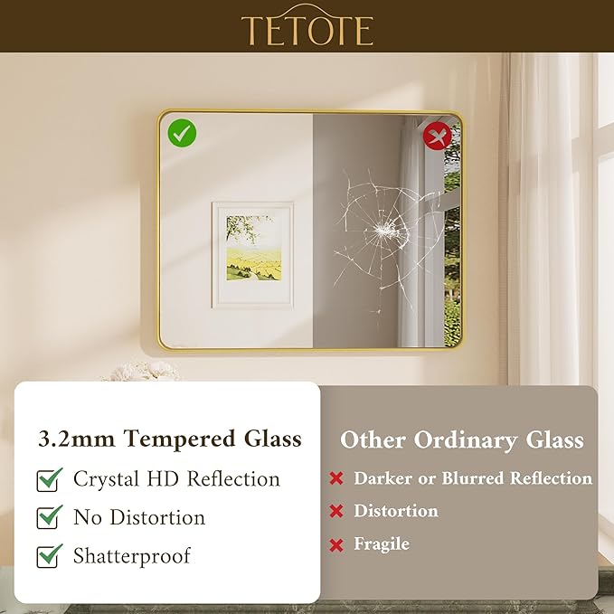 TETOTE 48 x 24 Inch Brushed Gold Frame Mirror, Brass Bathroom Vanity Mirror - Image 4