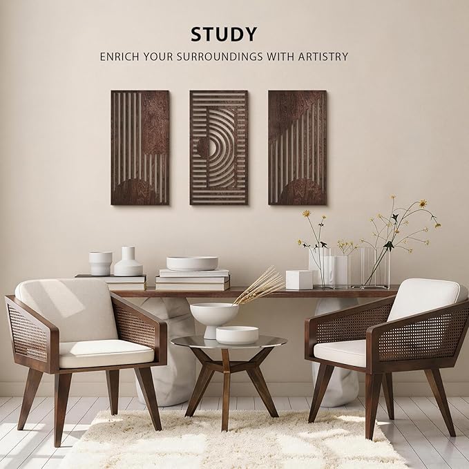 VIYYIEA Boho Solid Wood Carved Wall Art Set of 3, Geometric Minimalist Wooden - Image 4
