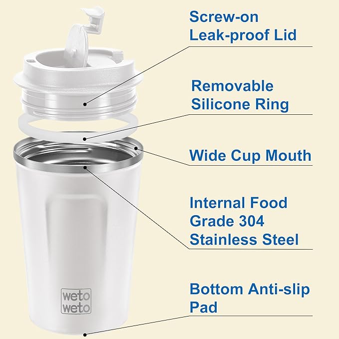 WETOWETO 12oz Reusable Coffee Cup, Coffee Travel Mug with Lid, Spill Proof Thermal Mug, Double-Walled Insulated Cup, Stainless Steel Portable Cup for Hot and Cold Drinks(White)