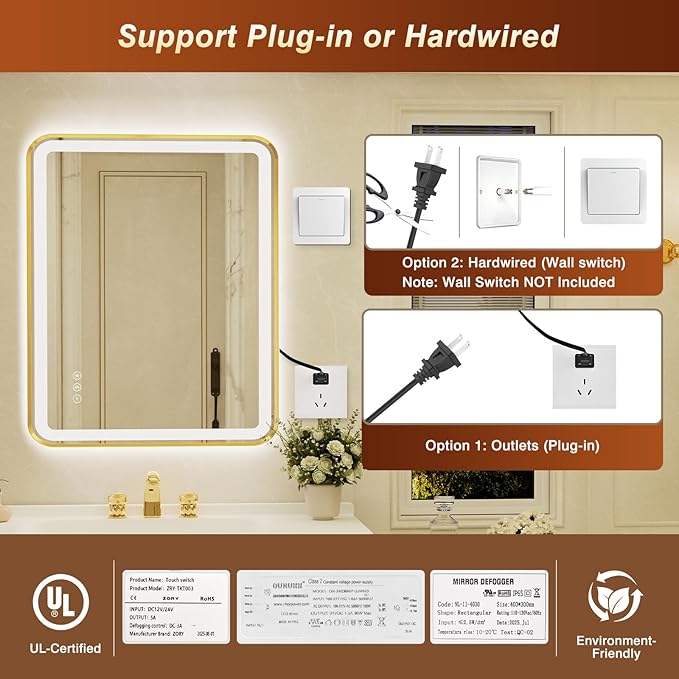 32x40 Inch Gold Framed LED Bathroom Mirror - Image 8