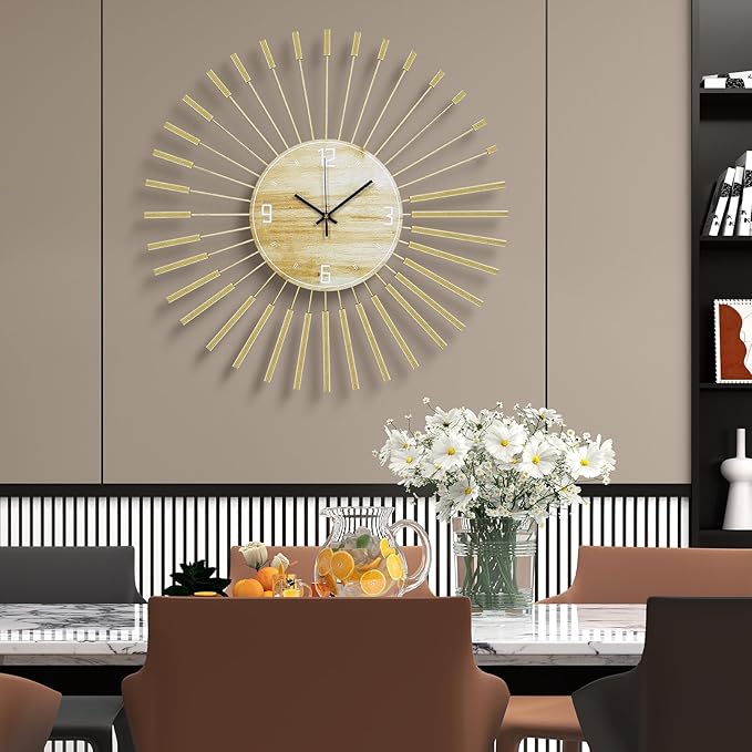 23.6 inch Gold Starburst Wall Clock, Metal & Wood Mid Century Modern Decorative - Image 6