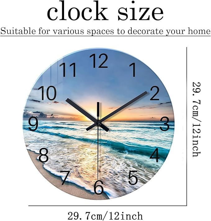 Blue Beach Wall Clock for Bedroom Glass Wall Clocks Battery Operated 12 Inch - Image 5