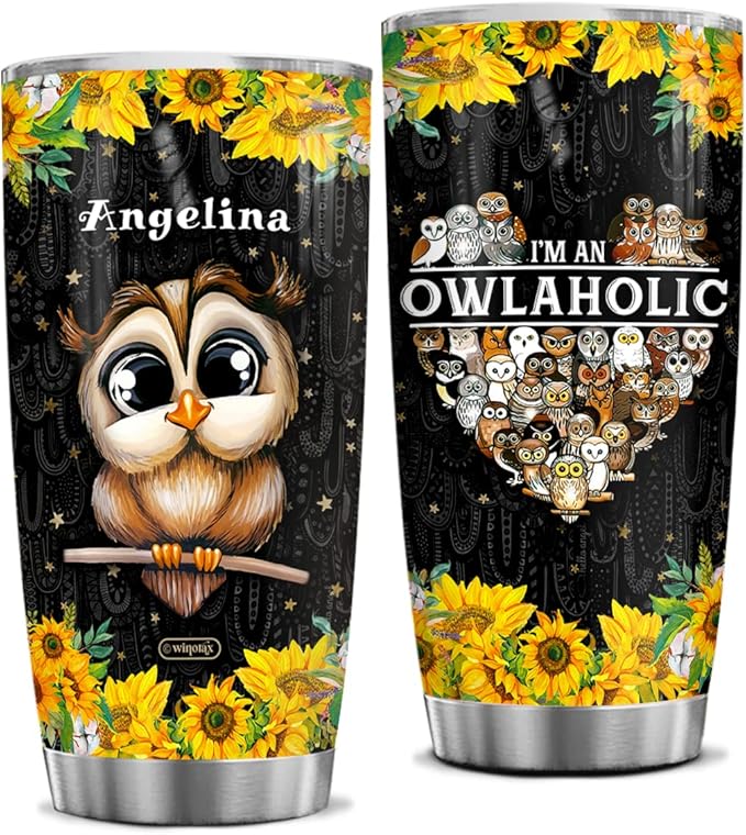 winorax Personalized Sunflower Owl Coffee Tumbler 20oz 30oz Stainless Steel Insulated Travel Mug Birthday Christmas Cup Gifts for Animal Lovers Women Girls