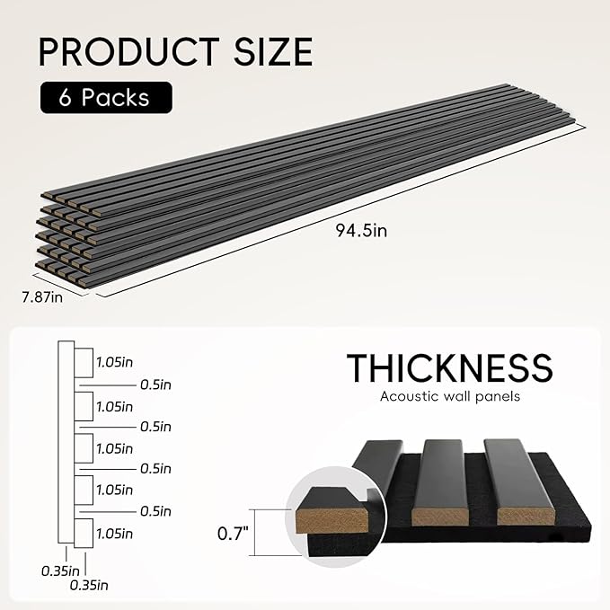 EVERECO 6 Pack Wood Panels for Wall 94.5" × 7.87" Acoustic Soundproof Wall Slat - Image 2