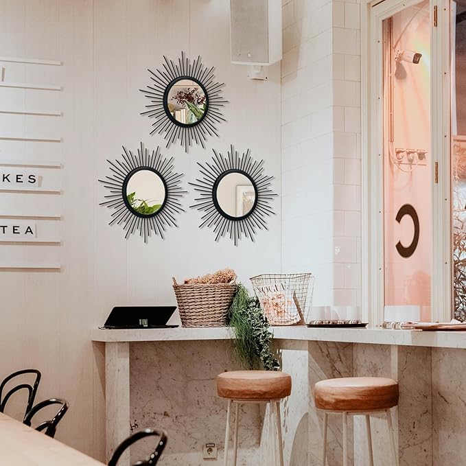 3 Set Black Mirrors for Wall Decor Metal Mirrors Small Mirror Sets Hanging - Image 3