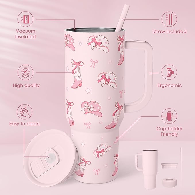 Cowgirl 40oz Slider Tumbler with Handle and Straw - Insulated Stainless Steel Travel Coffee Mug for Women Girls, Gift for Birthday, Christmas