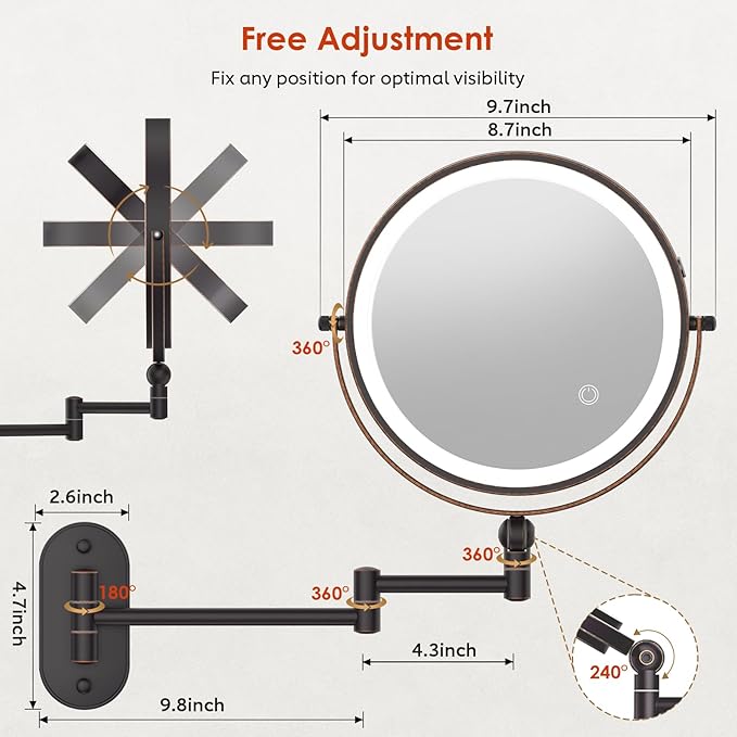 IMIKONA 9" Wall Mounted Lighted Makeup Mirror, 4000mAh Rechargeable Double - Image 6