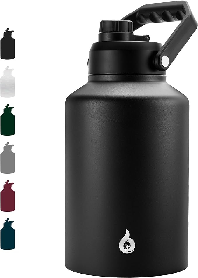 BJPKPK One Gallon(128 oz) Insulated Water Bottle, Dishwasher Safe Stainless Steel Jug, BPA Free Jug with Ergonomic Handle & Anti-slip Bottom, Large Water Bottle, Black