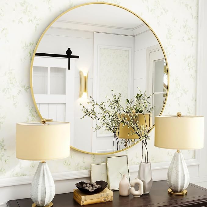 VooBang Gold Round Bathroom Mirror, 24 inch Circle Wall Mounted Hanging Mirror - Image 7