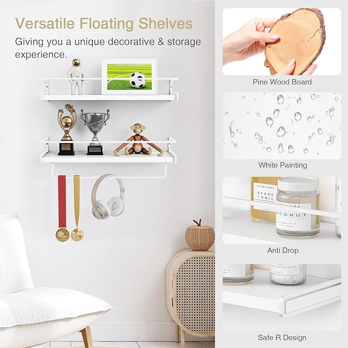 Forbena Bathroom Shelves for Wall Set of 2, Small Wall Mount Bookshelf and Toy - Image 7