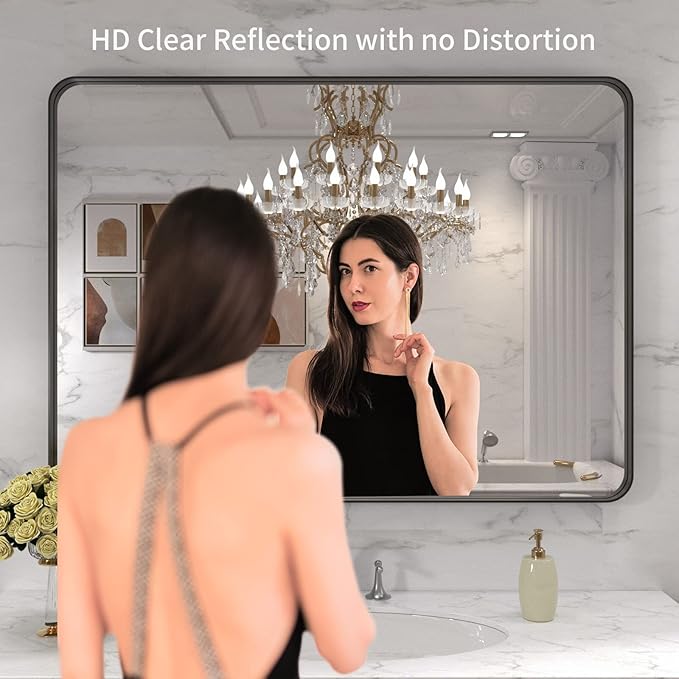 LOAAO 40X32 Inch Black Metal Framed Bathroom Mirror - Image 2