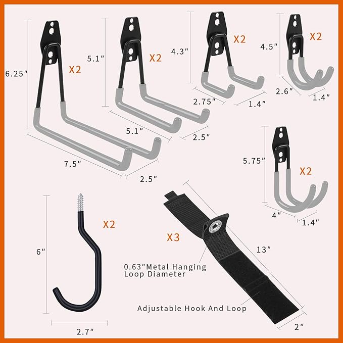 SMARTOLOGY Garage Hooks with Bike Hook & Extension Cord Organizer, 15 Pack Set - Image 4