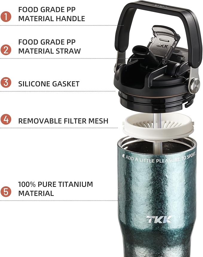 TKK 24oz Pure Titanium Inner Tumbler with Straw Lid, Vacuum Insulated Cup Leakproof Double Walled Travel Mug with Handle, Dishwasher Safe for Hot/Cold Drinks, Titanium Blue