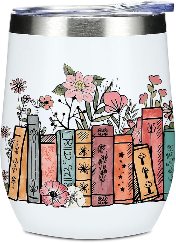 Wine Tumbler, 12 oz Coffee Mug Travel Insulated Cup Vacuum Wine Glass with Lid, Book Lovers Gifts Birthday Christmas Party Reading Book Accessories Bookish Librarian Gifts for Women Aunt Bestie