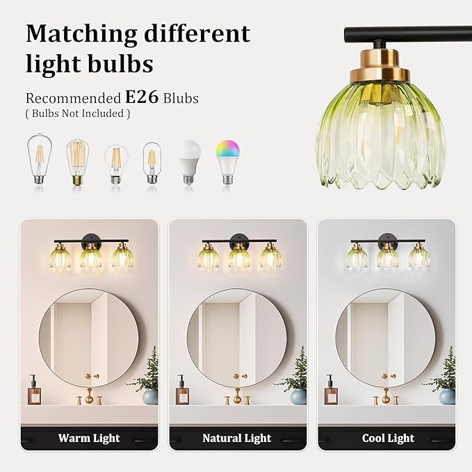 TALOYA Bathroom Vanity Light Fixtures, 3-Light Modern Black and Gold Wall - Image 7