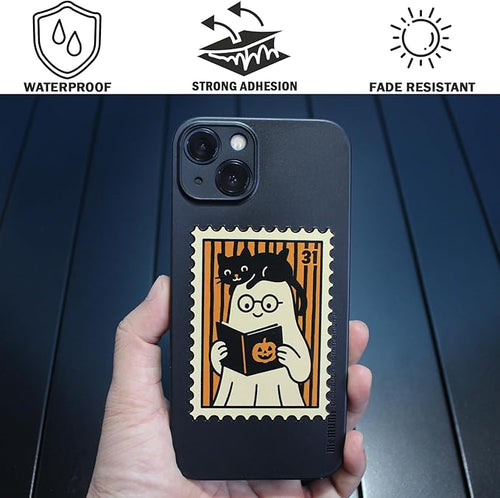 (10Pcs) Cute Ghost and Black Cat Vintage Stamp Stickers Pack Size 3'' Waterproof Stickers for Water Bottle, Stanley Cup, Laptop, Skateboard