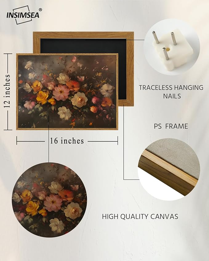 InSimSea Framed Canvas Wall Art, Vintage Wall Decor, Fall Floral Dark Moody - Image 3