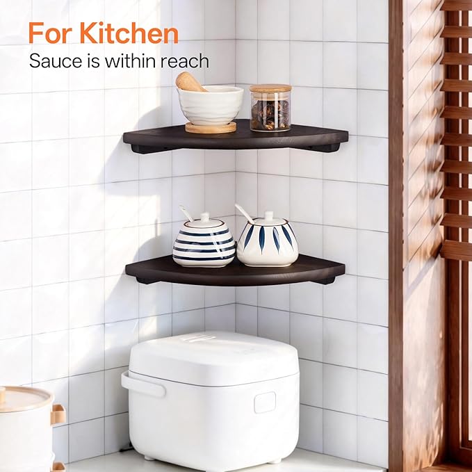 Gieanoo Floating Corner Shelves Set 2 12inch Walnut Solid Oak Rounded Corner - Image 8