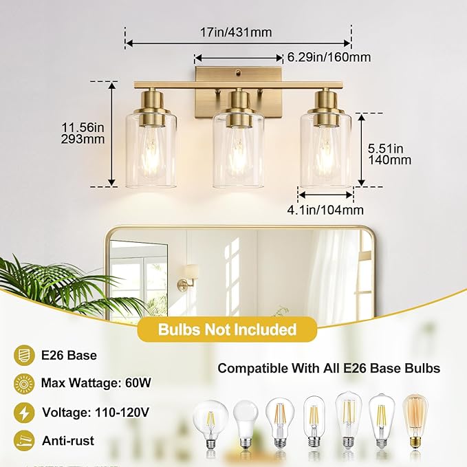 Indoi 3 Light Bathroom Light Fixtures, Brass Vanity Lights - Image 8