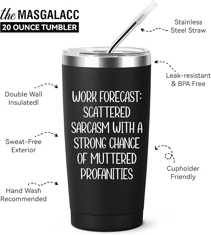 Work Forecast Coffee Tumbler - Funny Coworker Birthday Gift Idea for Him or Her – Present for Boss Employer Bestfriend - Sarcastic Gag Going Away Farewell Drinking Cup - 20oz Novelty Drinkware