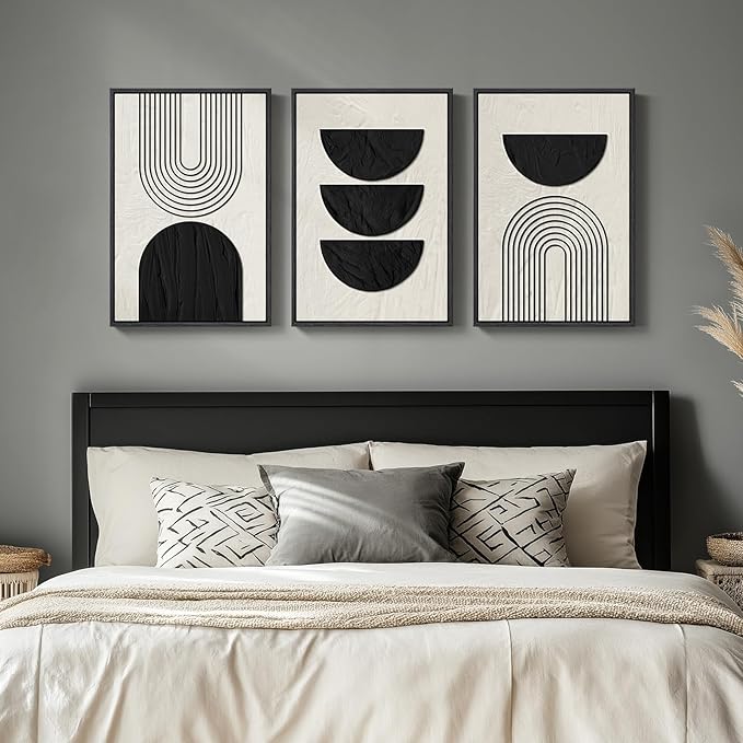 Framed Boho Black and White Abstract Wall Art, 3 Piece Modern Beige Canvas - Image 5