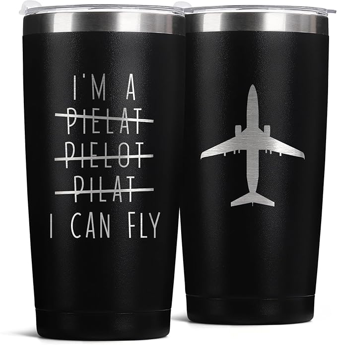 Pilot Gifts – Laser Engraved Aviation Mug for Pilots & Flight Attendants - Airplane-Themed Gift for Men, Christmas & Birthday, 20oz Stainless Steel Travel Tumbler with Lid & Straw