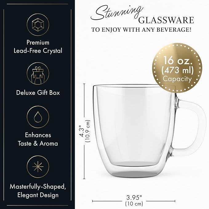 Elixir 16 oz Large Double Wall Coffee Mug Set of 2 - Double Wall Glass Coffee Cup - Large Mug - Insulated Glass Mugs with Handle for Hot Drinks Tea