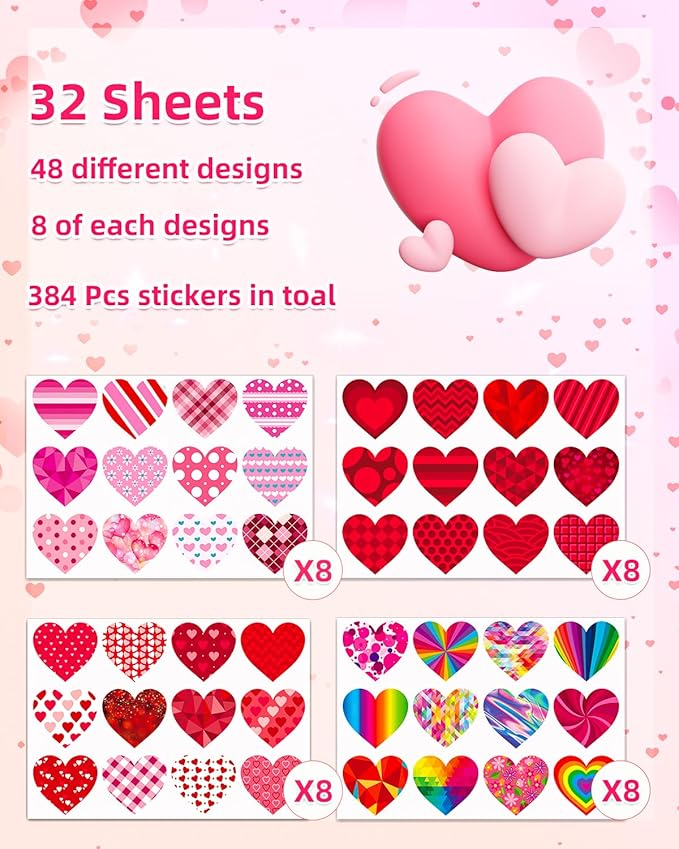 32 Sheets Heart Stickers, 384 Pcs Valentines Day Stickers for Kids, Holiday Sticker for Envelopes, Cards or Gifts Bags Decor (48 Designs 8 Each)