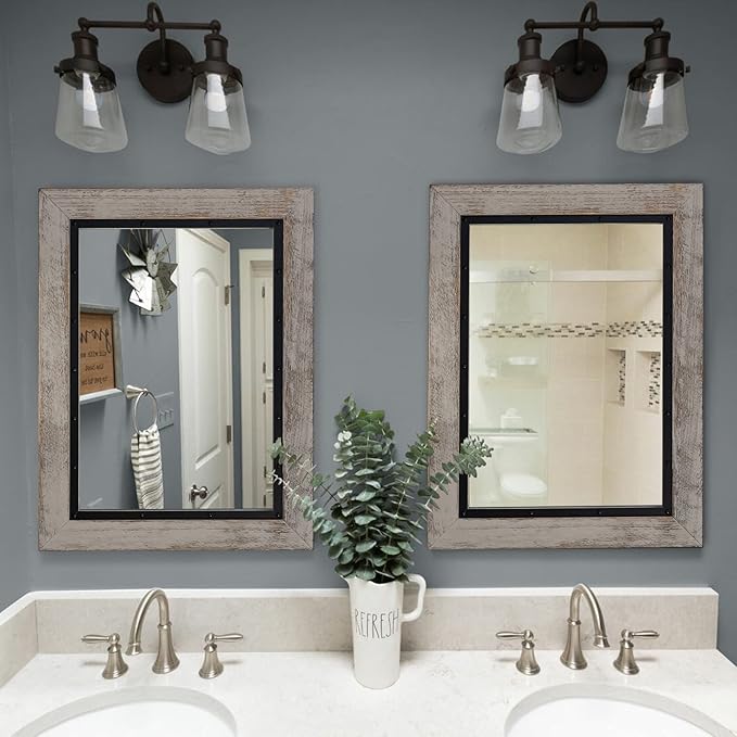 YOSHOOT Rustic Wooden Framed Wall Mirror, Natural Wood and Iron Bathroom Vanity - Image 4