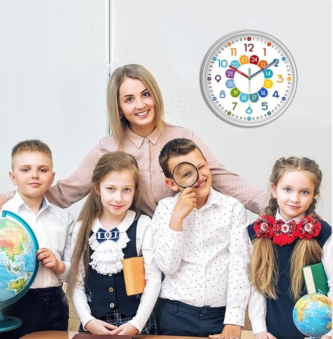 XFM Colorful Kids Wall Clock for Bedroom 14 Inch Round Learning Clock - Image 3