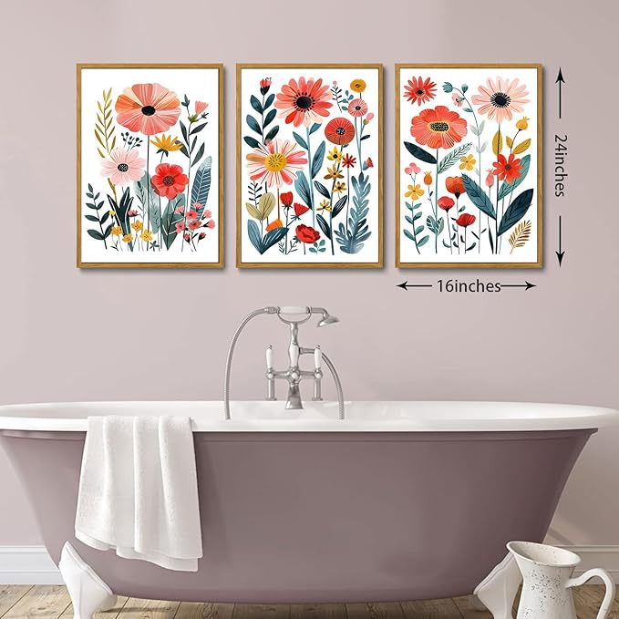 KISSFOX Framed Colorful Wildflower Canvas Wall Art Set Of 3 Flowers Pictures - Image 6