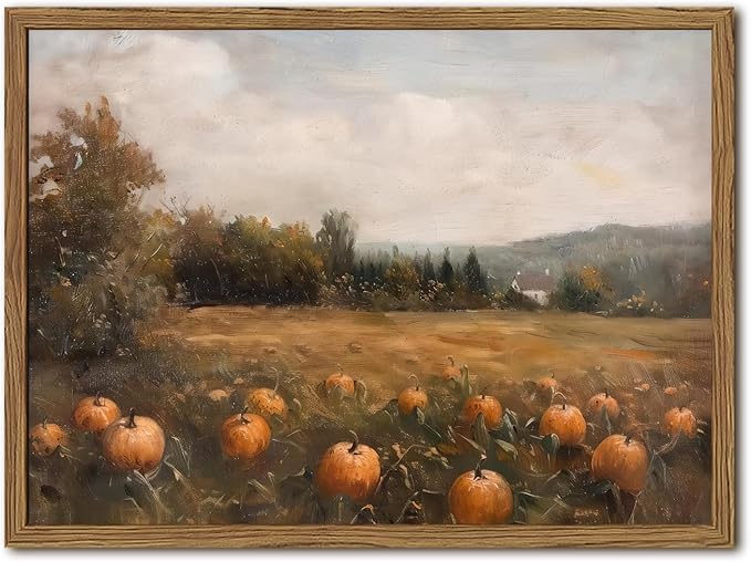 Framed Vintage Pumpkin Wall Art, Farmhouse Pumpkin Field Pictures Wall Decor by Unknown