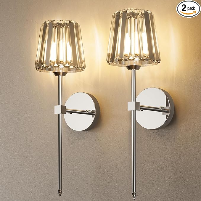 Crystal Battery Operated Wall Sconces Set of 2, Chrome Rechargeable Wireless by LJUJAM