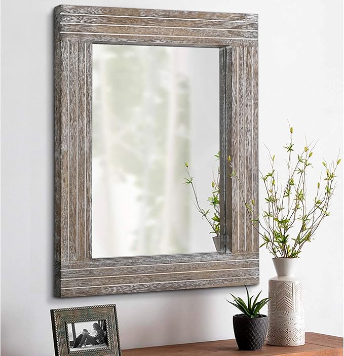 Wall Mirror Rustic Wooden Frame Rectangle Mirror Vintage Hanging Mirror by HLFMVWE